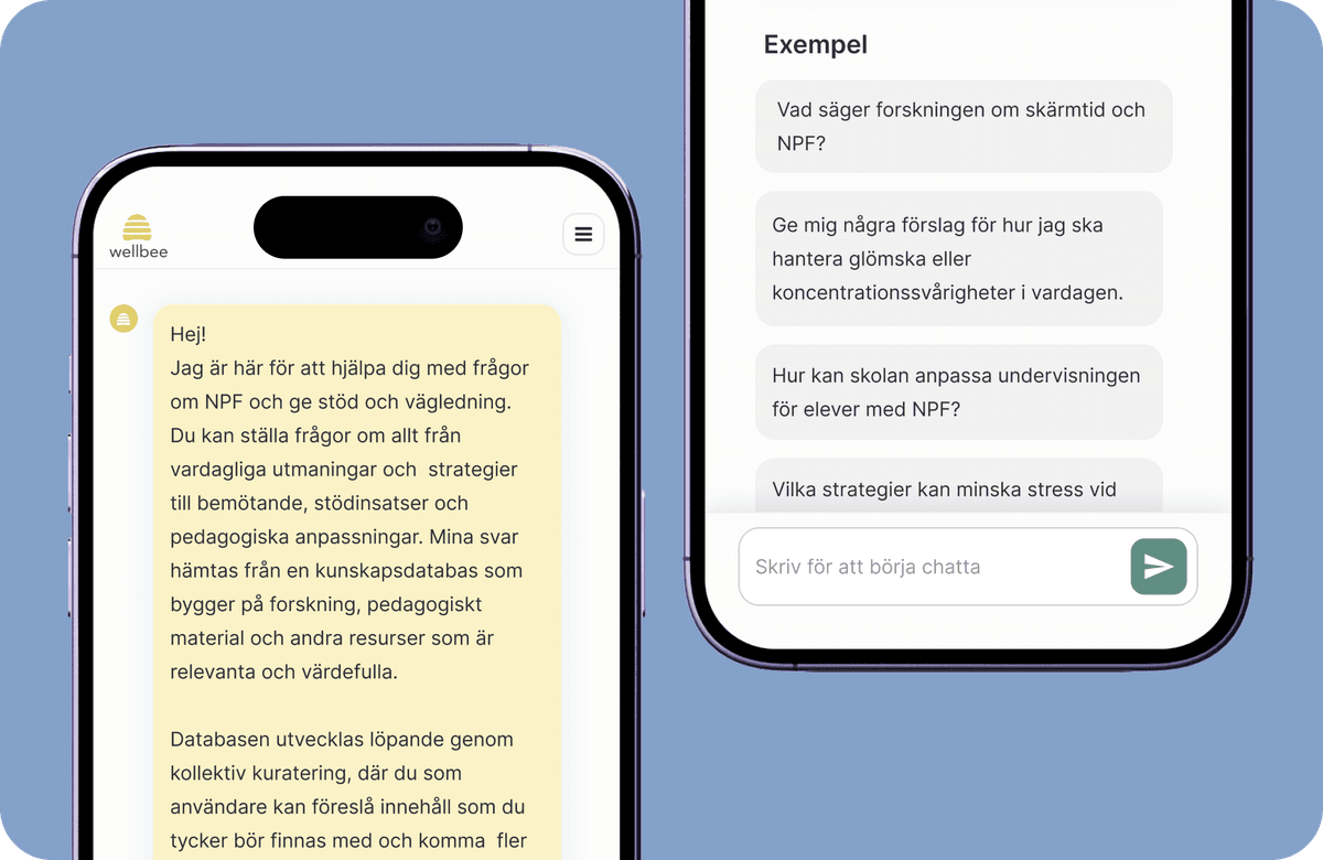 Wellbee AI visas upp på två mobiler